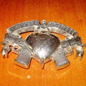 Never Again Rock Rebel Belt Buckle Dagger to Heart Silvertone Embossed Metal